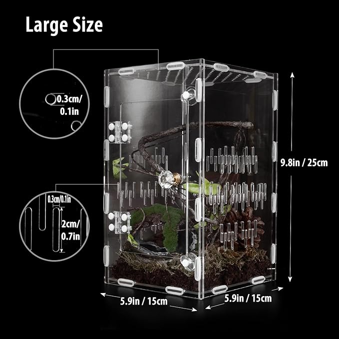 Jumping Spider Enclosure, Large Acrylic Praying Mantis Habitat, 10"*6"*6" Ventilated Insect Terrarium Cage with Front Opening Door for Small Retiles - Arboreal Tarantula, Snails, Bug, Lizard