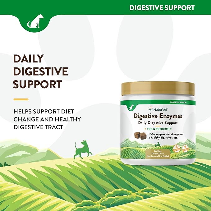 NaturVet – Digestive Enzymes - Plus Probiotics & Prebiotics – Helps Support Diet Change & A Healthy Digestive Tract – for Dogs & Cats (Soft Chews, 120 Count)
