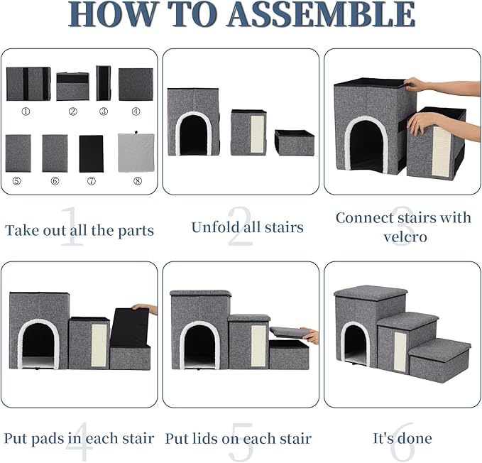 Dog Stairs for High Bed and Couch, 4 IN 1 Foldable Pet Stairs for Cats & Small and Medium Dogs, Adjustable Dog Steps with Pet Climbing Ladders/Cozy Condo/Storage Boxes/Cat Scratcher, Hold Up to 180LBS