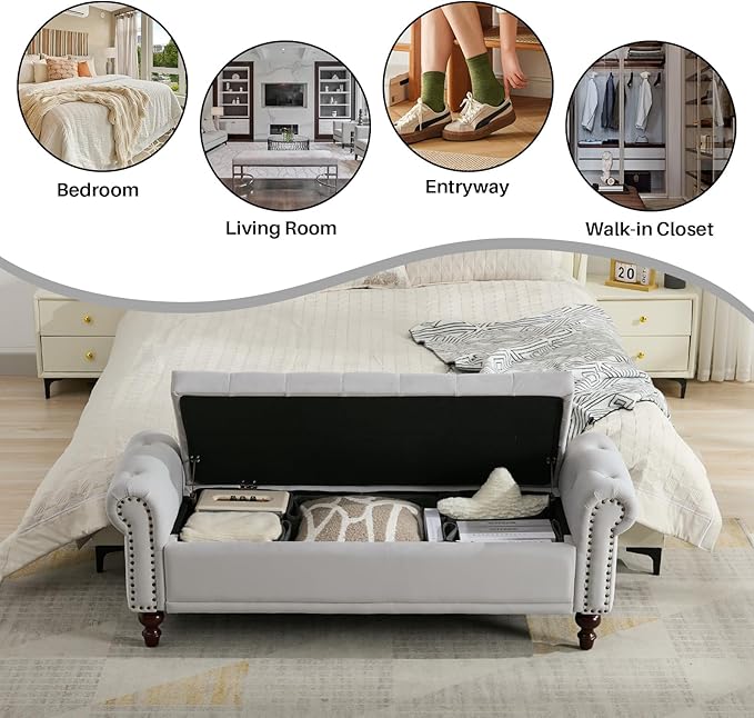 Storage Bench Upholstered Velvet End of Bedroom Bed Bench Ottoman with Tufted Cushioned Rolled Arm Large Storage Space for Reading Living Room Entryway, Light Grey