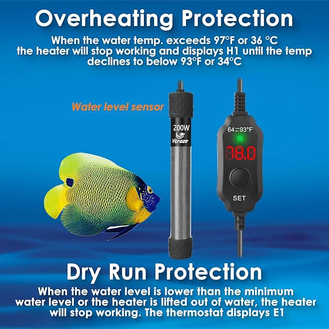 Super Compact 200W Fish Tank Heater, Submersible Aquarium Heater with LED Digital Display Thermostat, Adjustable Fish Heater for 20-40 Gallon Tanks