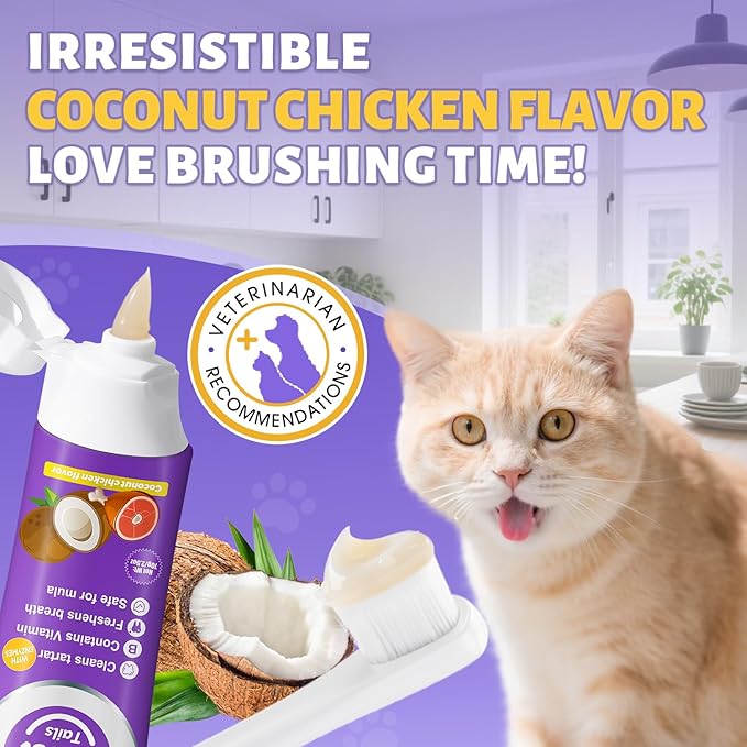 Cat Toothbrush and Toothpaste Kit - Includes Toothpaste (Coconut Chicken 2.5 oz.) Soft Brush, Finger Brush - Provides Safe and Effective Oral Care for Kittens and Adult Cats