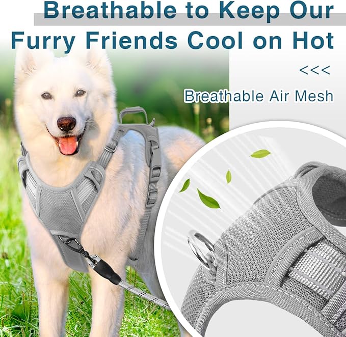 BARKBAY Dog Harness No Pull with ID Tag Pocket - Heavy Duty, Reflective, Easy Control for Large Dogs(Grey,L)