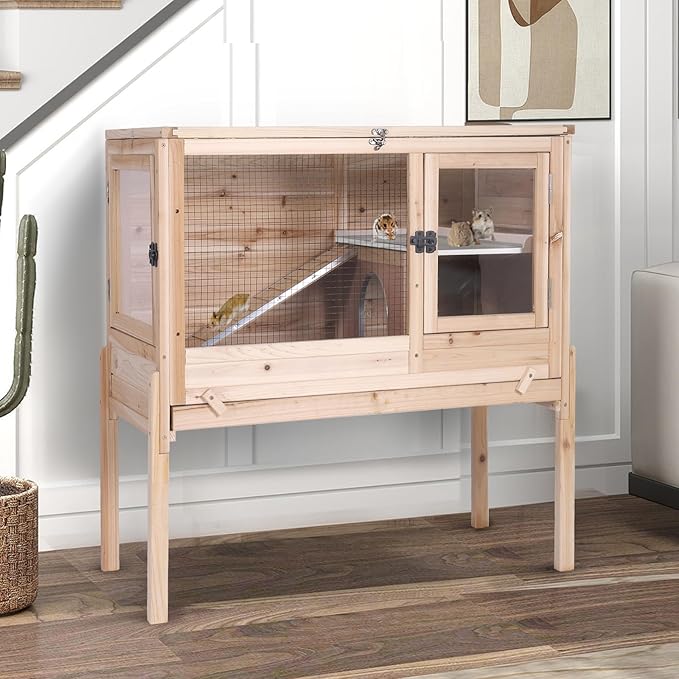 Guinea Pig Cages with Anti Chewing Edges and Cool Zinc Plate, Indoor Rabbit Hutch with Hideout and PVC Platform, Elevated Legs Hamster Cage 36.6" L (Nature)