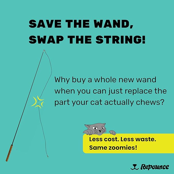 Replacement Strings for Cat Wand Toy - 3-Pieces - Chew-Proof Metal String Wire and 2 Durable Paracord Strings - Heavy Chewers Pack Cat Wand Toy Refill Strings (9 Replacement Strings)