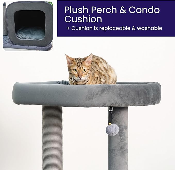Catry 30" High 3 Level Modern Cat Tree with Large Base Condo,Removable Washable Top Bed, Recycled Paper Scratching Post, Self Grooming Brush, for Small Medium Cat(Dim Gray)