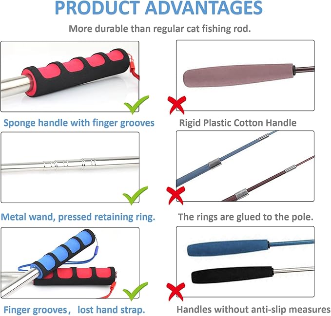 2pcs Retractable Wand Toys, Cat Fishing Rod with 11 Pcs Feather Refills for Indoor & Outdoor Cats