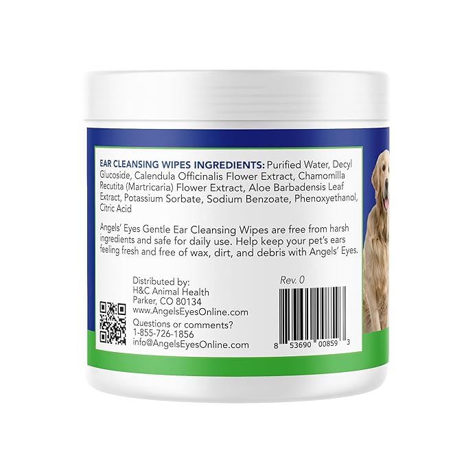 ANGELS' EYES Ear Cleansing Wipes for Dogs & Cats, Removes Dirt, Wax, Odor, Help Reduce Infections & Itching, No Artificial Colors or Fragrance, 100ct