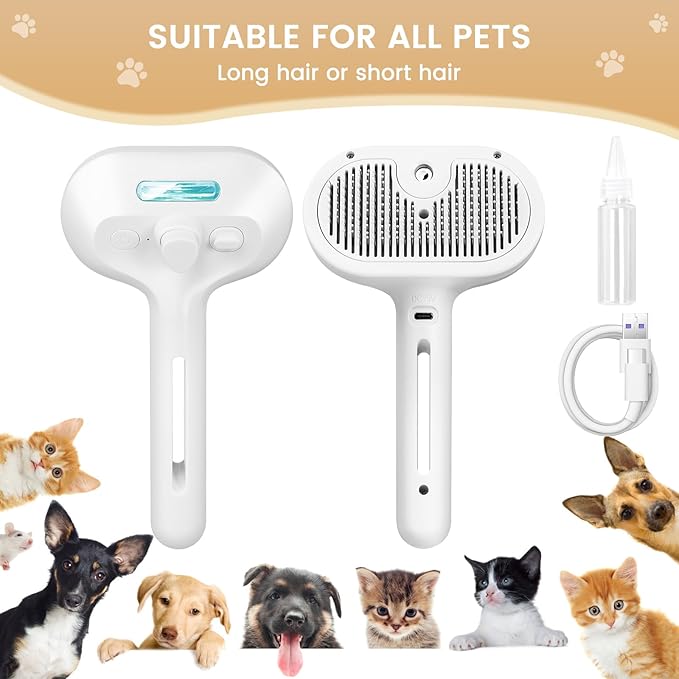 Cat Steam Brush, 3 In 1 Steamy Cat Brush with Release Button and Tank, Anti-Static Pet Spray Hair Removal Comb, Rechargeable Dog Steam Comb for Furry Pet
