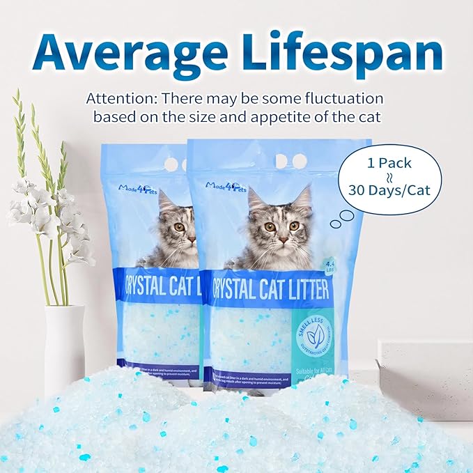 Made4Pets Cat Litter Crystals, Non Clumping Cat Litter Odor Control Kitty Litter Non Clumping No scooping Low Dust, Low Tracking, Lightweight, Dehydrates Waste,Cologne– 8.6 lbs (2 x 4.3 lb Packs)