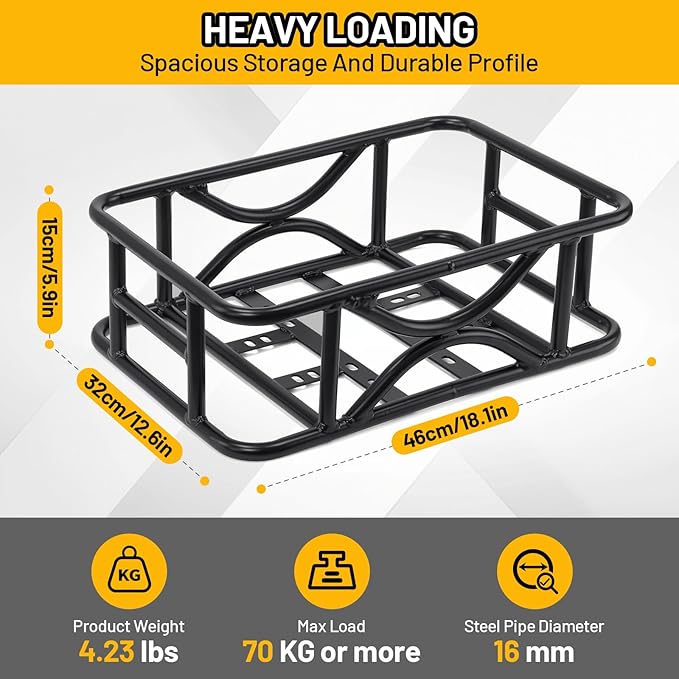 Heavy Duty Rear Bike Basket for Adults, Bicycle Cargo Basket with Removable Liner, Waterproof Cover & Cargo Net, Universal Fit for E-Bike, Mountain Bike, Dog Carrier