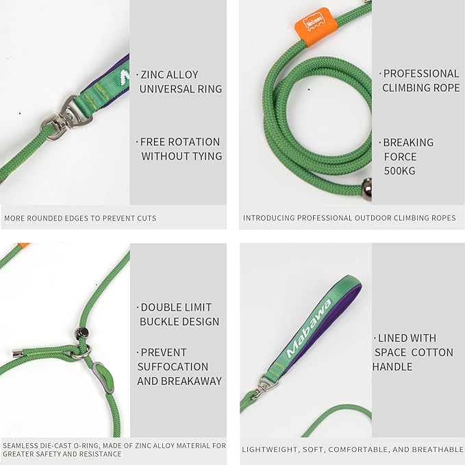 Dog Anti-Slip Leash 5FT with Metal Stopper - Durable No-Pull Training Lead for Small, Medium & Large Dogs - Comfortable Handle Nylon Rope, Tangle-Free Pet Walking Leash (Green, 5 FT)