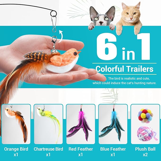 ROSAUI 11-Pack Cat Toy Set with Suction Cup Base and Wire Teasers – Interactive Bird and Feather Attachments with Yarn Balls for Cats and Kittens – Indoor Cat Fun and Exercise