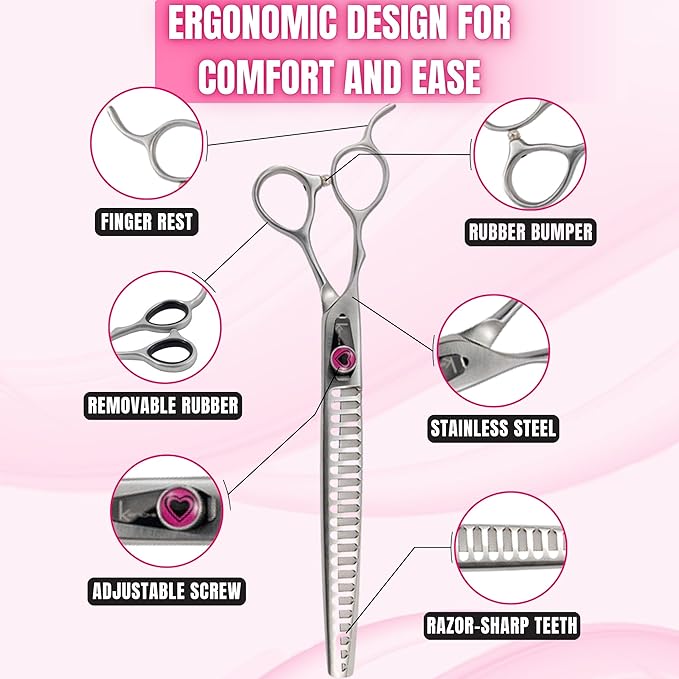 Kenchii Love Left Handed Dog Grooming Scissors, 22 Tooth Blender Shears, Dog Scissors for Grooming, Professional Pet Grooming Scissors, Ergonomic & Comfortable