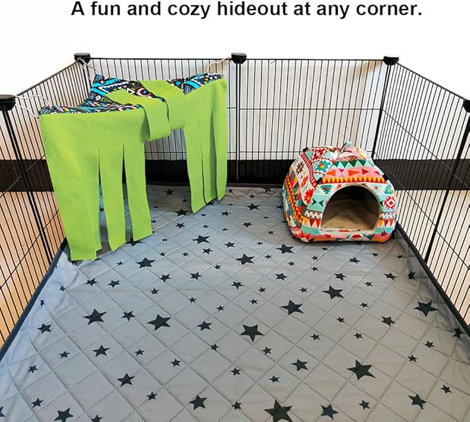 RIOUSSI Guinea Pig Hideout Hideaway Corner Fleece Toys Cage Accessories with Reversible Sides, Geo/Gray-Green+Blue, Pack of 2