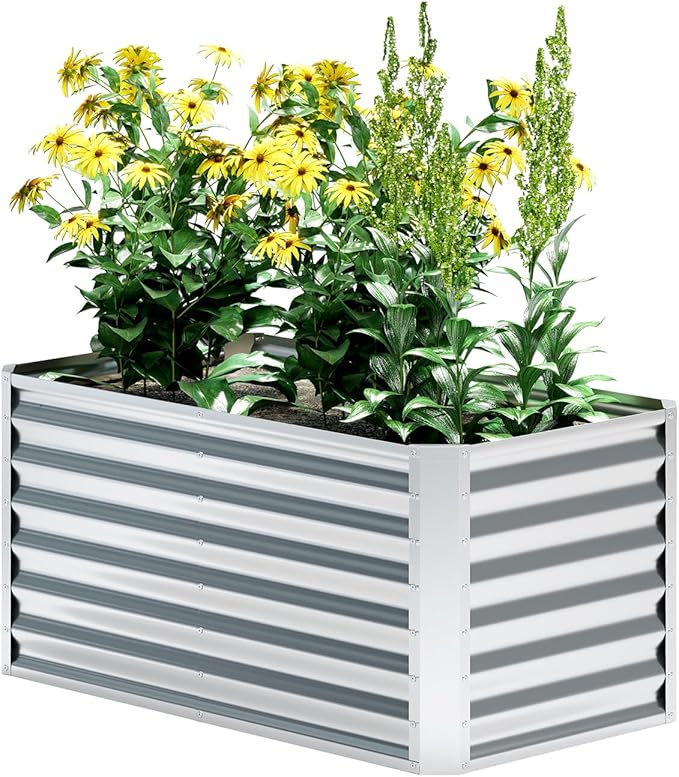 EKX 4x2x2FT Galvanized Raised Garden Bed, Raised Garden Bed Kit-Metal Planter Box Outdoor,Planting for Vegetables, Fruits,Herbs, Flowers-Slive