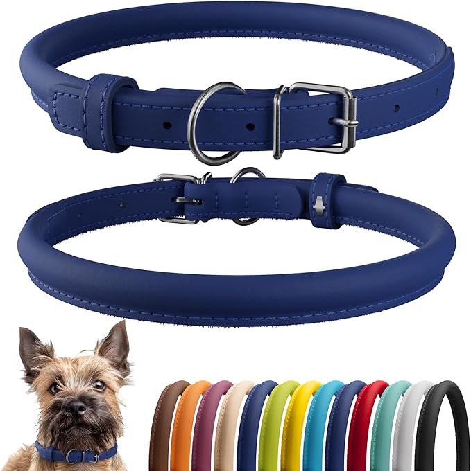 CollarDirect Rolled Leather Dog Collar, Soft Padded Round Puppy Collar, Handmade Genuine Leather Collar Dog Small Large Cat Collars 13 Colors (8-11 Inch, Deep Blue Smooth)