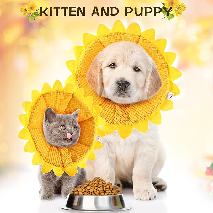 Sunflower Cat Recovery Cone Collar Soft Cotton Pet Cone Collar Adjustable Sunflower Elizabeth Postoperative Protection for Cats and Dogs(Small)
