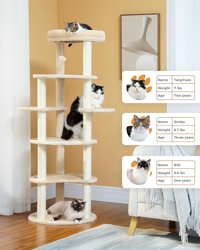 PETEPELA 61" Cat Tree for Indoor Cats, [6-Levels] Cat Climbing Tower with 9 Sisal Scratching Posts and Replaceable Dangling Ball &Top Perch, Beige