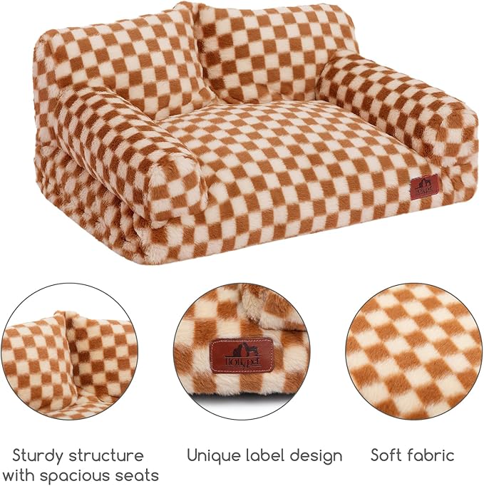 Hollypet Fluffy Plush Dog Cat Pet Couch Soft Calming Sofa Bed for Medium Small Cats and Dogs, Brown and Light Yellow