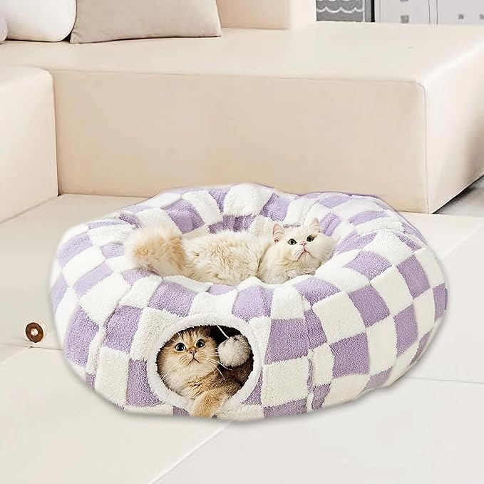 Cat Tunnel Bed with Washable Cushion for Indoor Cat, Donut Cave Tube Toys for Kitten Puppy Rabbit, Purple