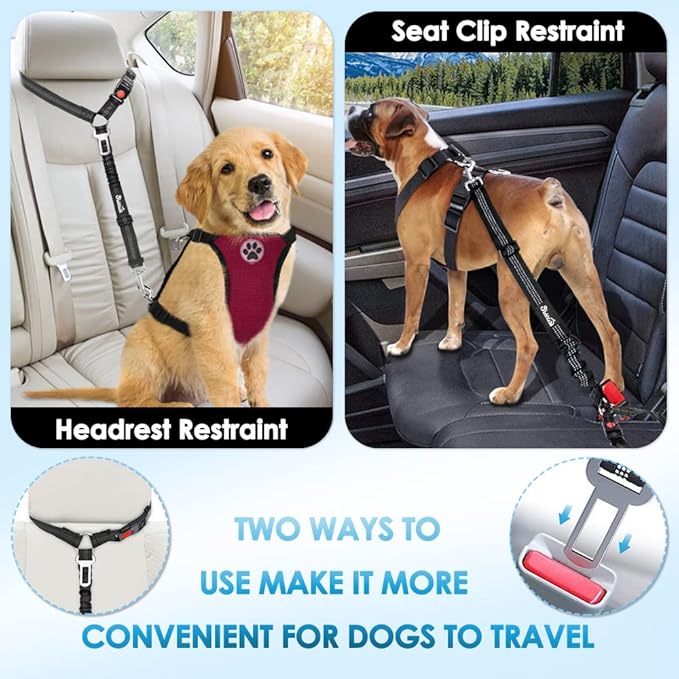SlowTon Dog Seat Belt for Car, 2 Pack Dog Car Harness Seatbelt Adjustable with Elastic Bungee Buffer, 2 in 1 Pet Car Leash Headrest Restraint Dog Reflective Safety Tether (Black, Headrest+Clip)