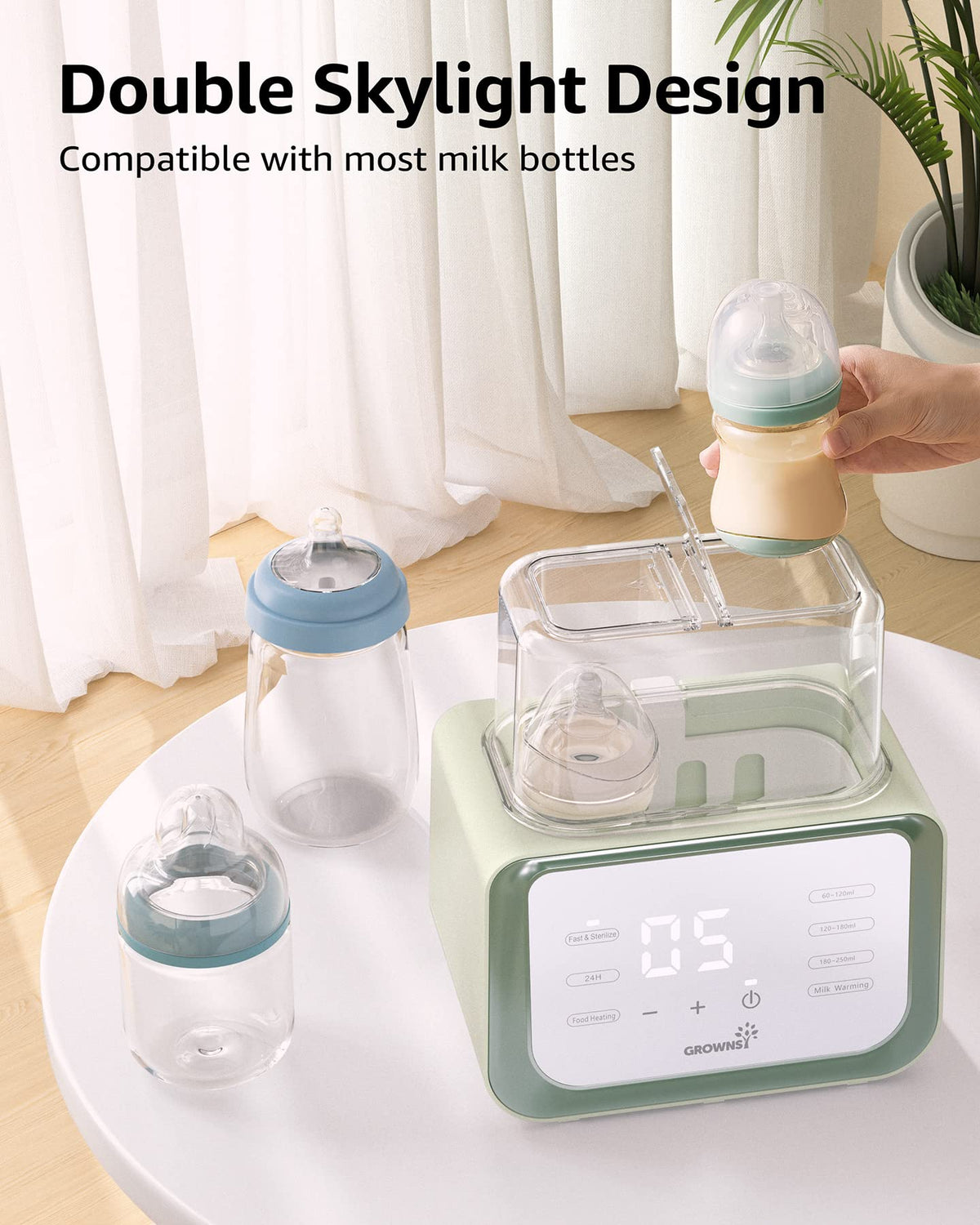 Baby Bottle Warmer, Grownsy 8-in-1 Fast Milk Warmer with Timer Breastmilk or Formula, Fits 2 Bottles, Accurate Temperature Control, with Defrost, Sterili-zing, Keep, Heat Baby Food Jars Function