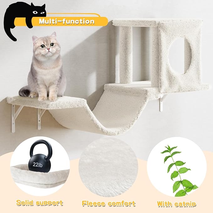 NUNU LAB Wall Mounted Cat Climber Set, 6 Pcs Cat Furniture Set with House, Bridge, Steps, Scratcher Board and Hammock, Shelves for Indoor, Luxury Walls Furniture(Beige)
