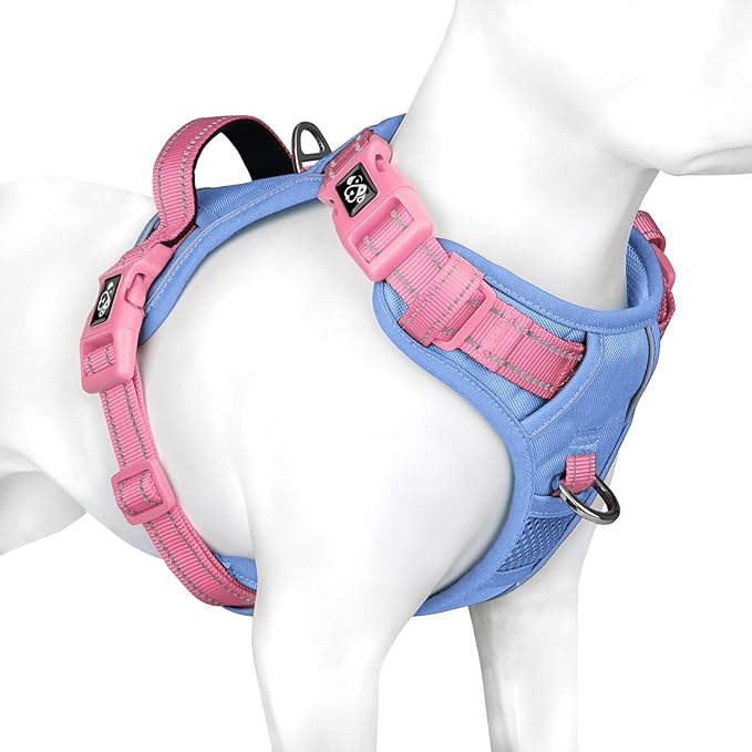 PHOEPET No Pull Dog Harness, Unique Colors Reflective Adjustable Dog Vest, with Soft Training Handle Metal Clips for Small Medium Large Dogs (Baby Blue Base & Pink Straps,L)