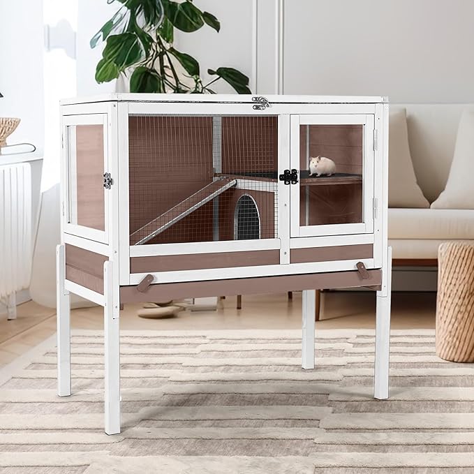 Guinea Pig Cage with Wooden Stand,Indoor Rabbit Hutch with 2 Stories,Hamster Cage with Anti Chew Ramp,Hideout, Platform, Pull Out Tray (Brown)