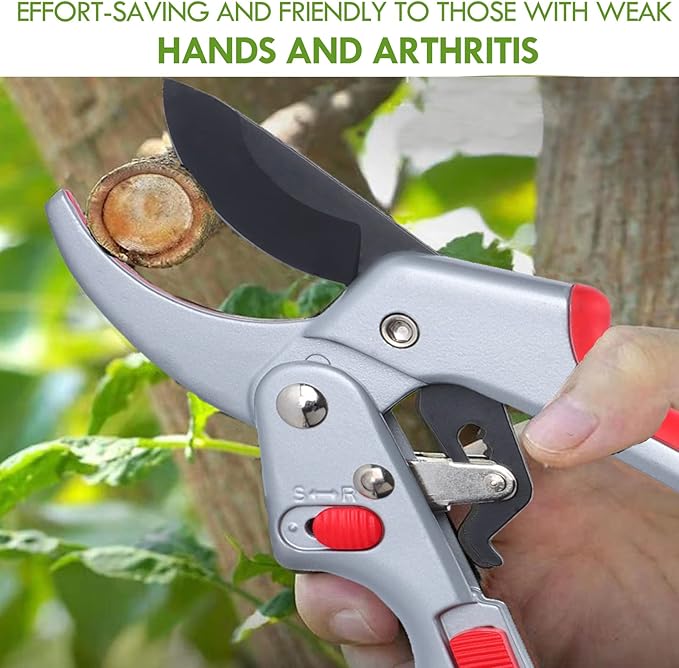 Garden clippers, premium Germany pruners, Work 3 times easier, professional ratchet pruning shears, cutting rose, flower, hedge, stem, tree, Sharp gardening scissors, Arthritis weak hand snips