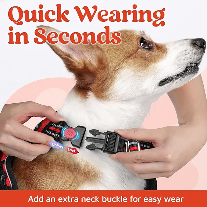 rabbitgoo Dog Harness Small Sized, No Pull Dog Vest with 3 Buckles, Adjustable Soft Padded Pet Harness with Easy Control Handle and Reflective Strips, Red, S