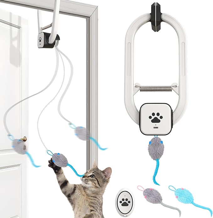 Cat Toy, Upgraded Smart Interactive Cat Toys with Remote Control, USB Rechargeable Door Hanging Retractable Kitten Toy for Self Play, Teaser Electronic Feather Cat String with 3 Plush Mice