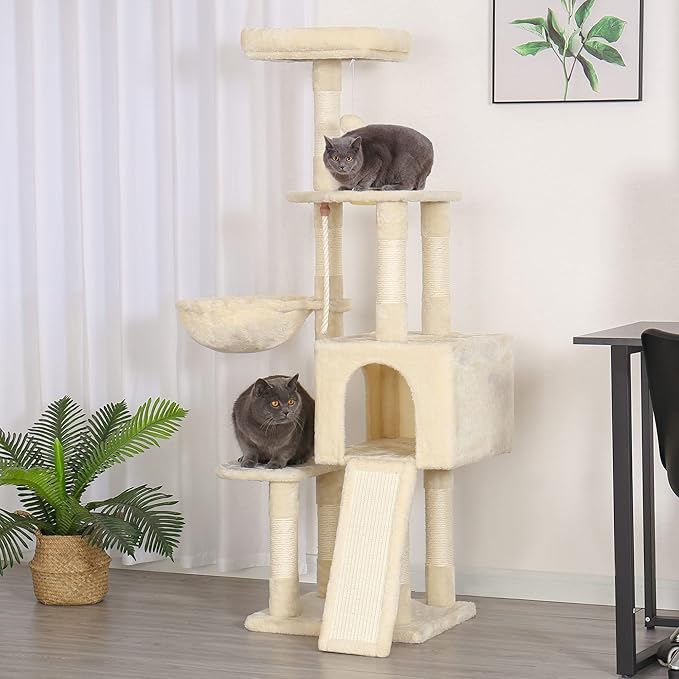 Heybly Cat Tree, Cat Tower for Indoor Cats with Scratching Board, Multi-Level Cat Furniture Condo with Feeding Bowl, Beige HCT010MM