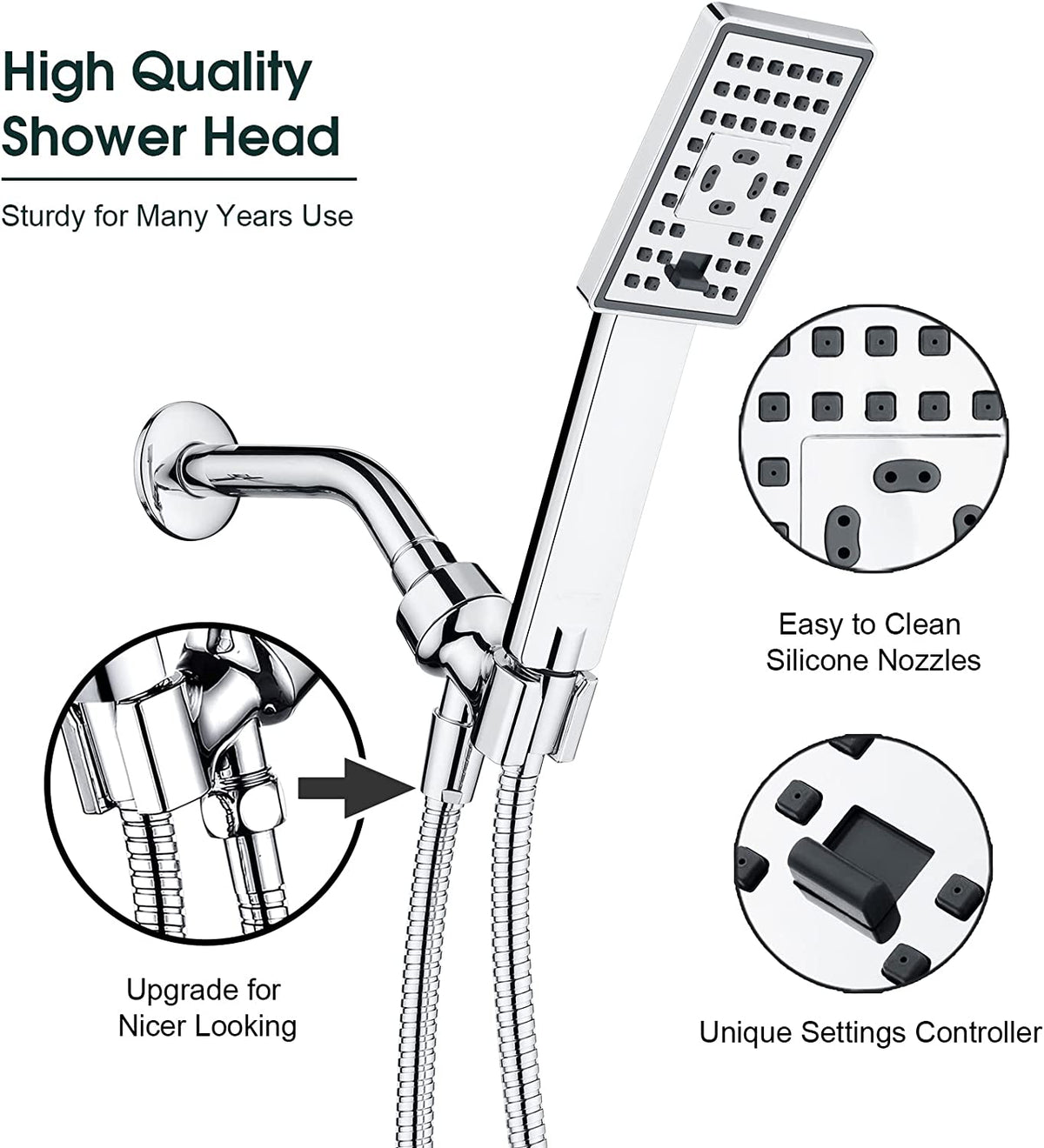 Square 3-Spray Handheld Shower Head Set with Hose and Shower Arm Mount Bracket