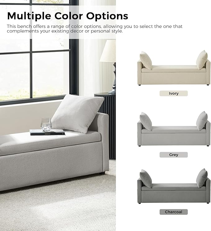 HULALA HOME Modern Storage Ottoman Bench with Throw Pillows, 59" Extra Long End of Bed Bench with Storage Pocket, Comfy Upholstered Footstool for Bedroom Entryway Living Room, Grey