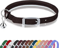 OOPSDOGGY Rolled Leather Cat Collar with Bell, Reflective Kitten Collars with Buckle Include Safety Elastic Strap - Adjustable Small Pet Collars for Boy Girl Cats (Dark Brown)