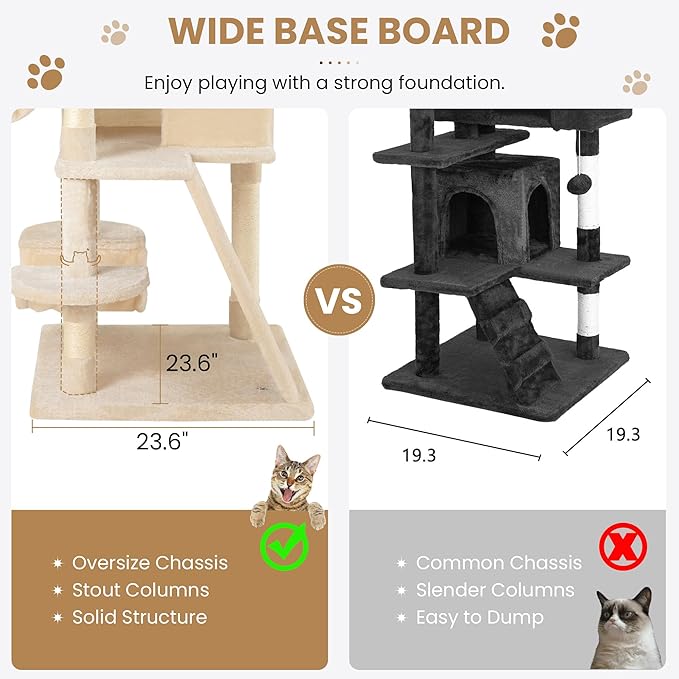 SHA CERLIN 65in Larger Cat Tree Tower Condo for Indoor Kitties/Multi-Level Furniture Activity Center with Wide Base/Cozy Plush Cat Perches/Baskets/Sisal Scratching Posts and Hammock/Beige