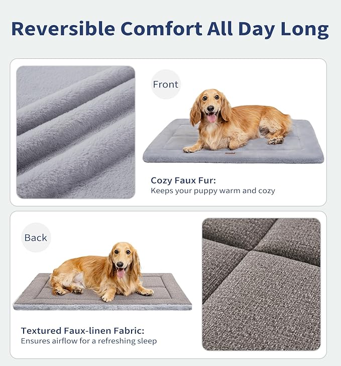 Made4Pets Dog Crate Pad Bed for Large Dogs, Washable & Reversible, Anti-Slip Kennel Mat for Cozy Sleeping, Soft Fluffy Dog Bed for Indoor & Outdoor Use, 41"x29", Gray