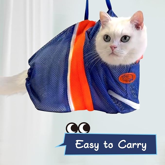 Cinf Cat Bathing Bag, Breathable Mesh Anti Scratch Adjustable Cat Grooming Bag for Nail Trimming, Bathing Soft Cat Washing Bag(Orange Blue) L
