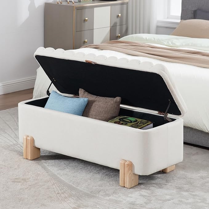 Kmax 45" Storage Bench Linen Entryway Bench Upholstered Ottoman Bench with Wavy Top & Safty Hinge for Bedroom Living Room Hallway, Beige