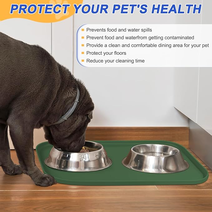 Silicone Pet Feeding Mat with Raised Edge for Food and Water, Dog Bowl Mats, Cat Bowls Placemat with High Lip for Floor Waterproof, Rubber Tray for Cats and Dogs 22 x 14 x0.8 Dark Olive
