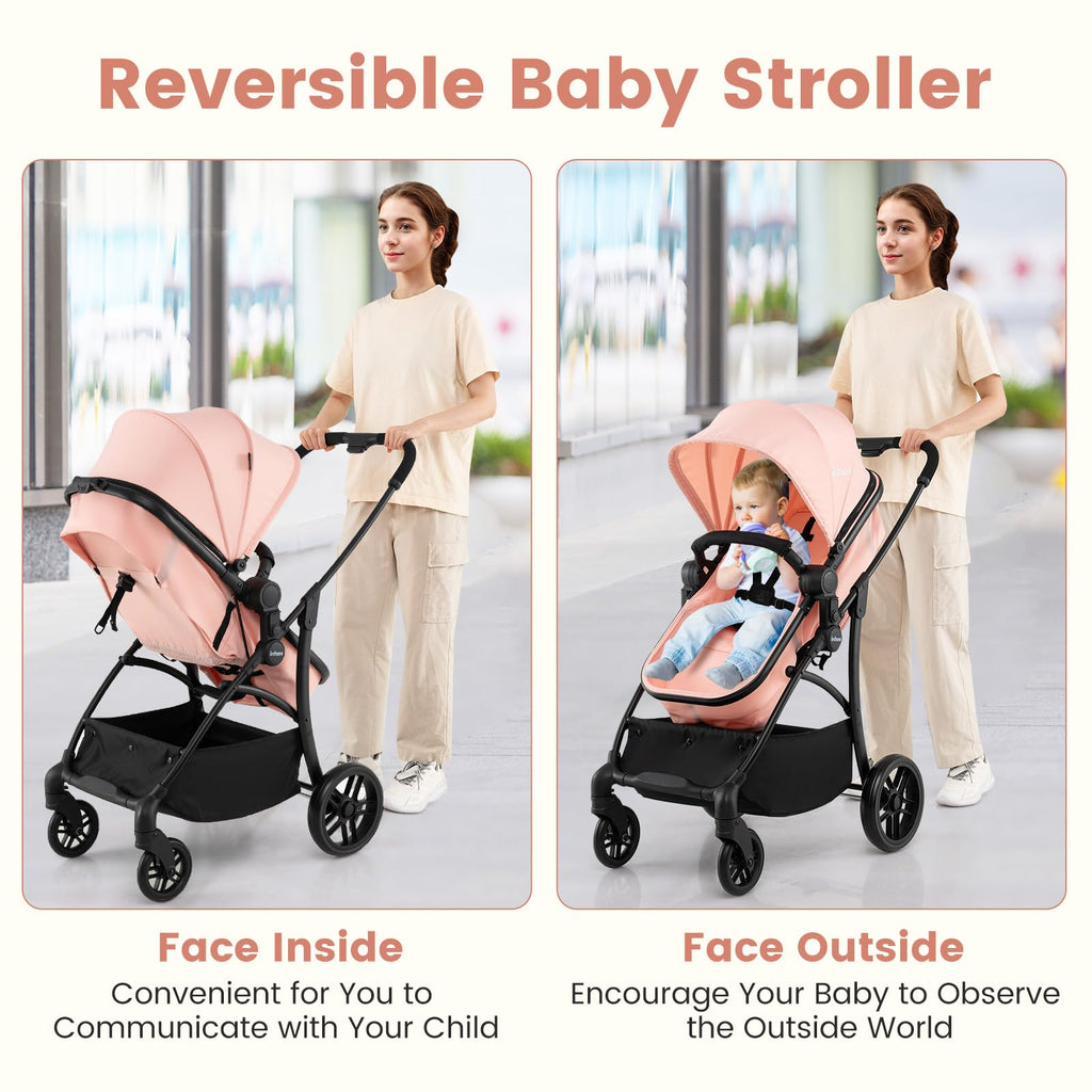 INFANS 2 in 1 Baby Stroller, Convertible Stroller with Bassinet Reversible Seat Adjustable Backrest Canopy One Hand Fold, Compact Toddler Pushchair for Kids Infants Newborns 0-36 Months