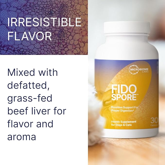 Microbiome Labs Fidospore - Dog Probiotics for Digestive Health & Immune Support - Spore-Forming Pet Probiotics for Dogs & Cats Gut Health - Flavored with Grass Fed Beef Liver (30 Capsules)