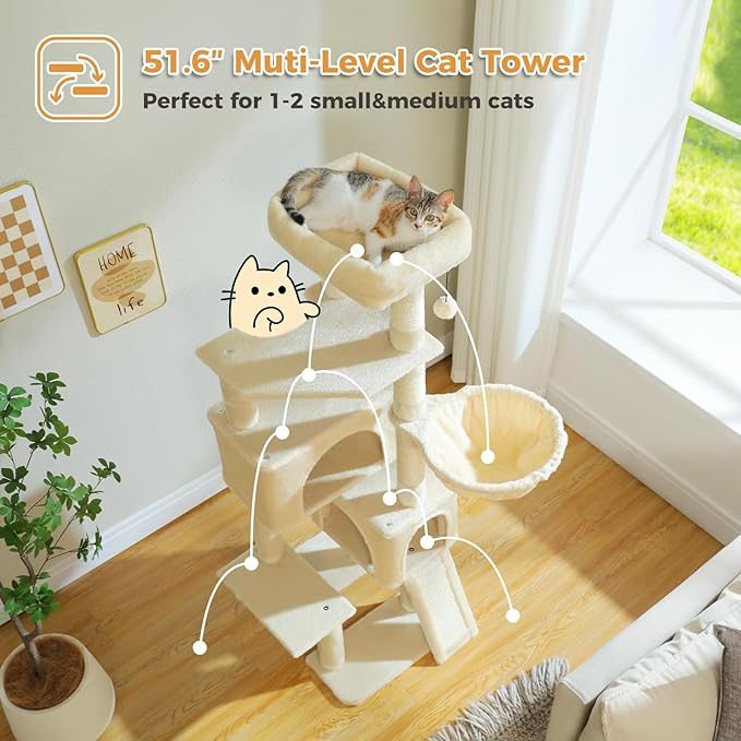 PAWZ Road Cat Tree, 51.6 Inches Cat Tower with Dual Condos, Spacious Perch, Cozy Basket and Sisal-Covered Scratching Posts for Indoor Cats- Beige