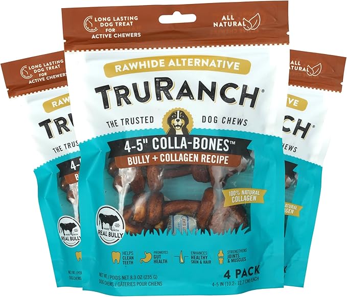 4-5" Collagen Bones, Bully - Collagen Dog Bones - Long Lasting Healthy Joint Support - Rawhide Alternative - Skin & Coat Health, Value Pack, 3 Bags, 12 Count