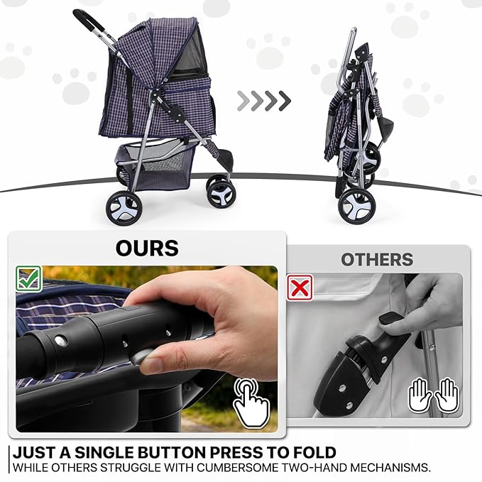 MoNiBloom 3 Wheels Pet Dog Cat Stroller for Small Medium Dogs Cats, Lightweight Foldable Jogger Stroller w/Storage Basket and Cup Holder, Plaid
