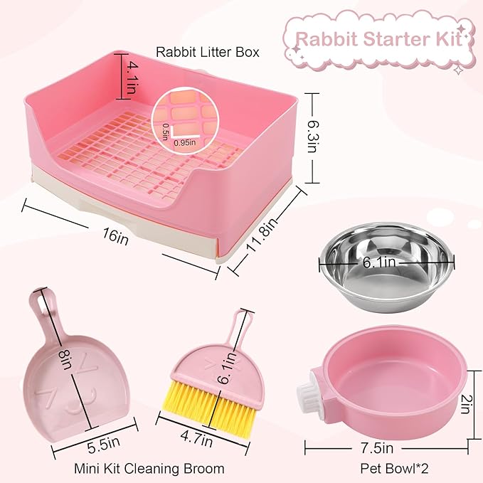 25 Pcs Large Rabbit Starter Kit, Bunny Litter Box with Drawer Animal Grooming Kit Stacking Cups Bowl Blankets Mat with Cleaning Set for Adult Guinea Pig, Ferret, Hamster, Bunnies Accessories (Pink)