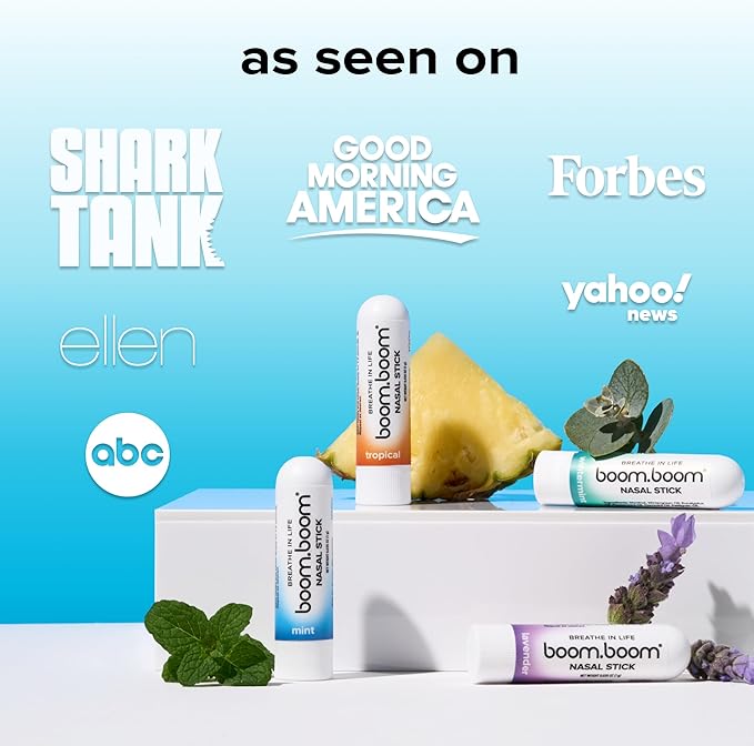 BoomBoom Nasal Stick | Vapor Flow Technology | Cool Refreshing Sensation | Natural Mood Boost | Simple Ingredients | Essential Oils + Menthol Inhaler (Mint, Wintermint, Tropical, Spearmint)