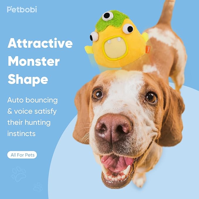 Petbobi Interactive Dog Toys for Boredom - Moving Dog Toy for Stimulating Play, Pet Plush Squeaky Ball for Small Medium Breeds with 4 Batteries, Sunny Boy Bobby
